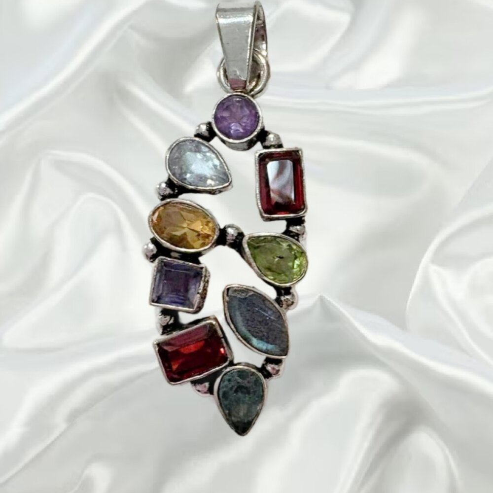 Multi Gemstone Unique Sterling Silver Plated Pend… - image 2